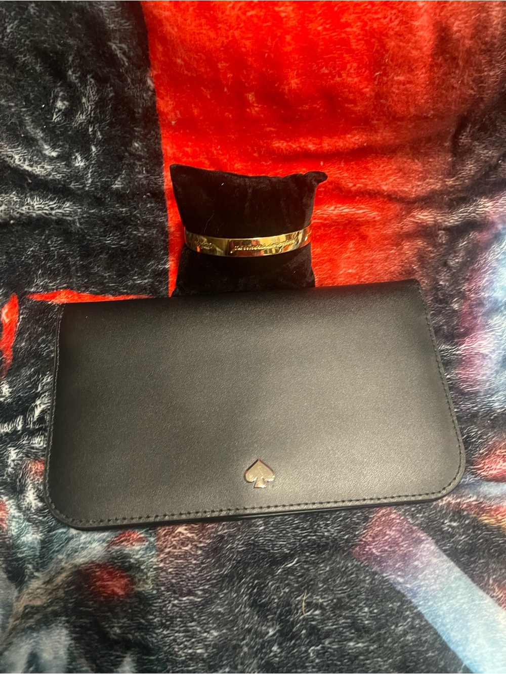 kate spade Nadine Black Leather Clutch Wallet w/ Gold Spade Accent & Bracelet